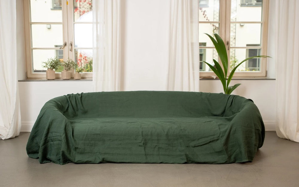 Natural Linen Sofa Couch Cover, Bedspread Throw - Farmhouse Decor Large Coverlet Slipcover Linen Bed Valentines day gift