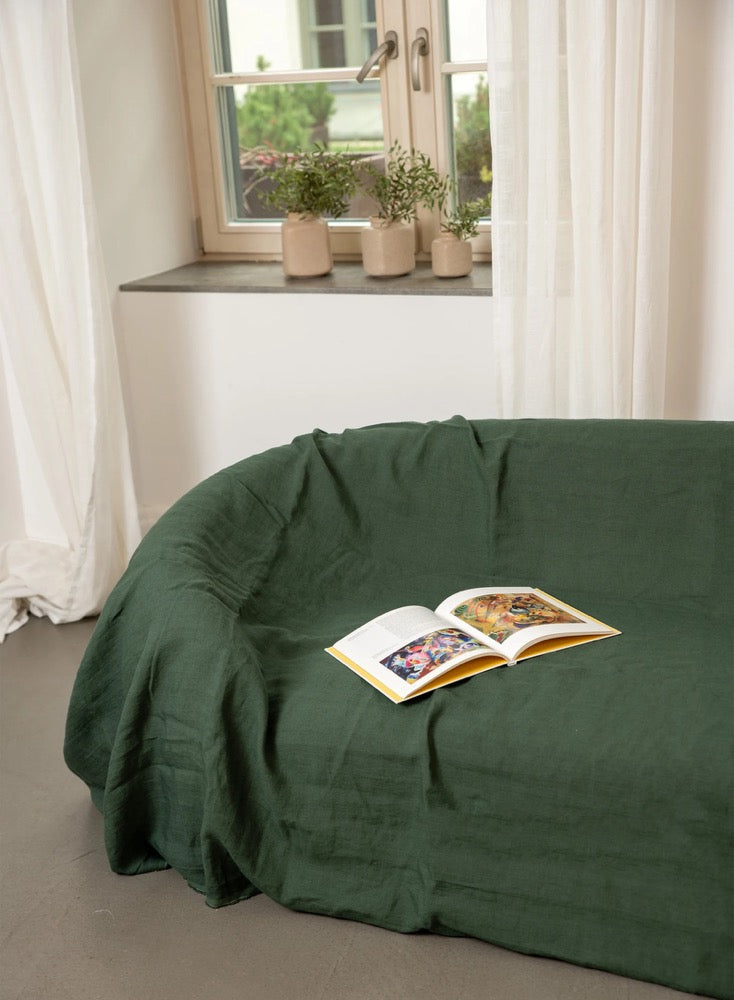 Natural Linen Sofa Couch Cover, Bedspread Throw - Farmhouse Decor Large Coverlet Slipcover Linen Bed Valentines day gift